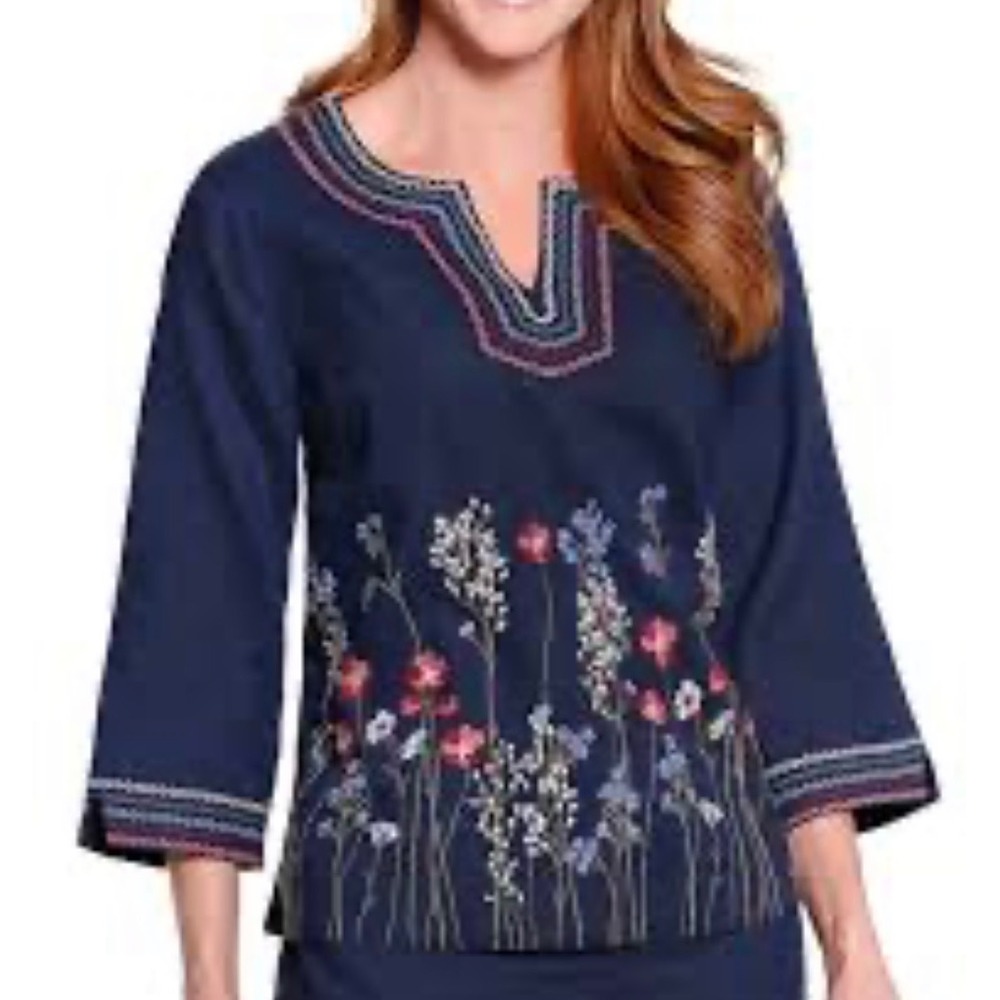 John Mark Navy Blue Floral Embroidered Linen Cotton Blend Blouse Small